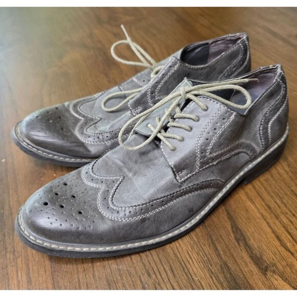 Mens Leather Wingtip Oxford Shoes Size 9.5 Gray Lace-Up Perforated Detailing Dur - Picture 6 of 14